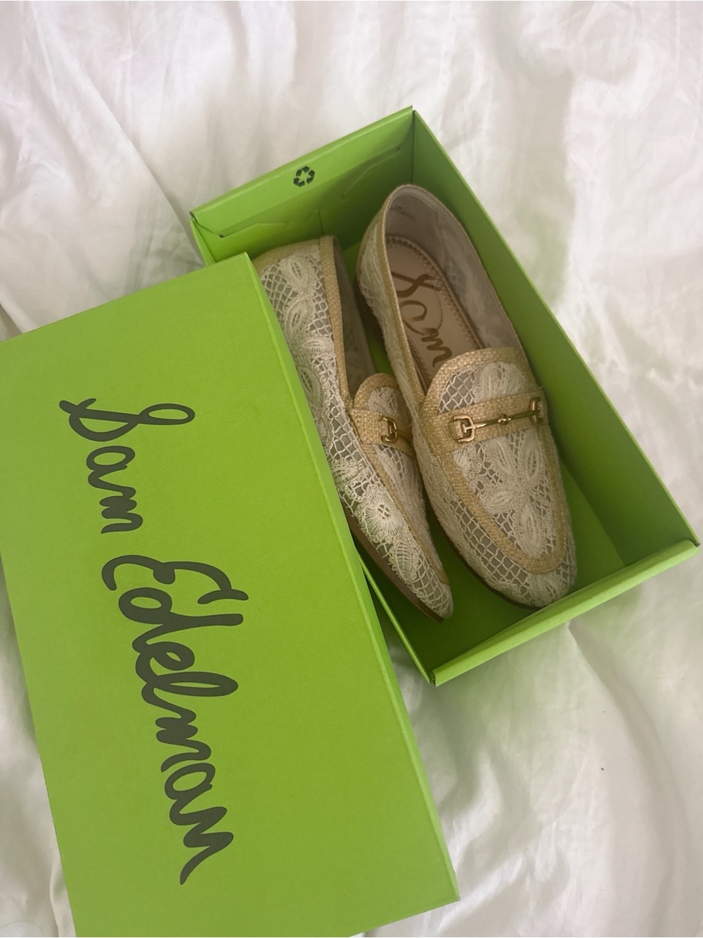 Sam Edelman women’s Cream Lace Loafers with Gold Accent